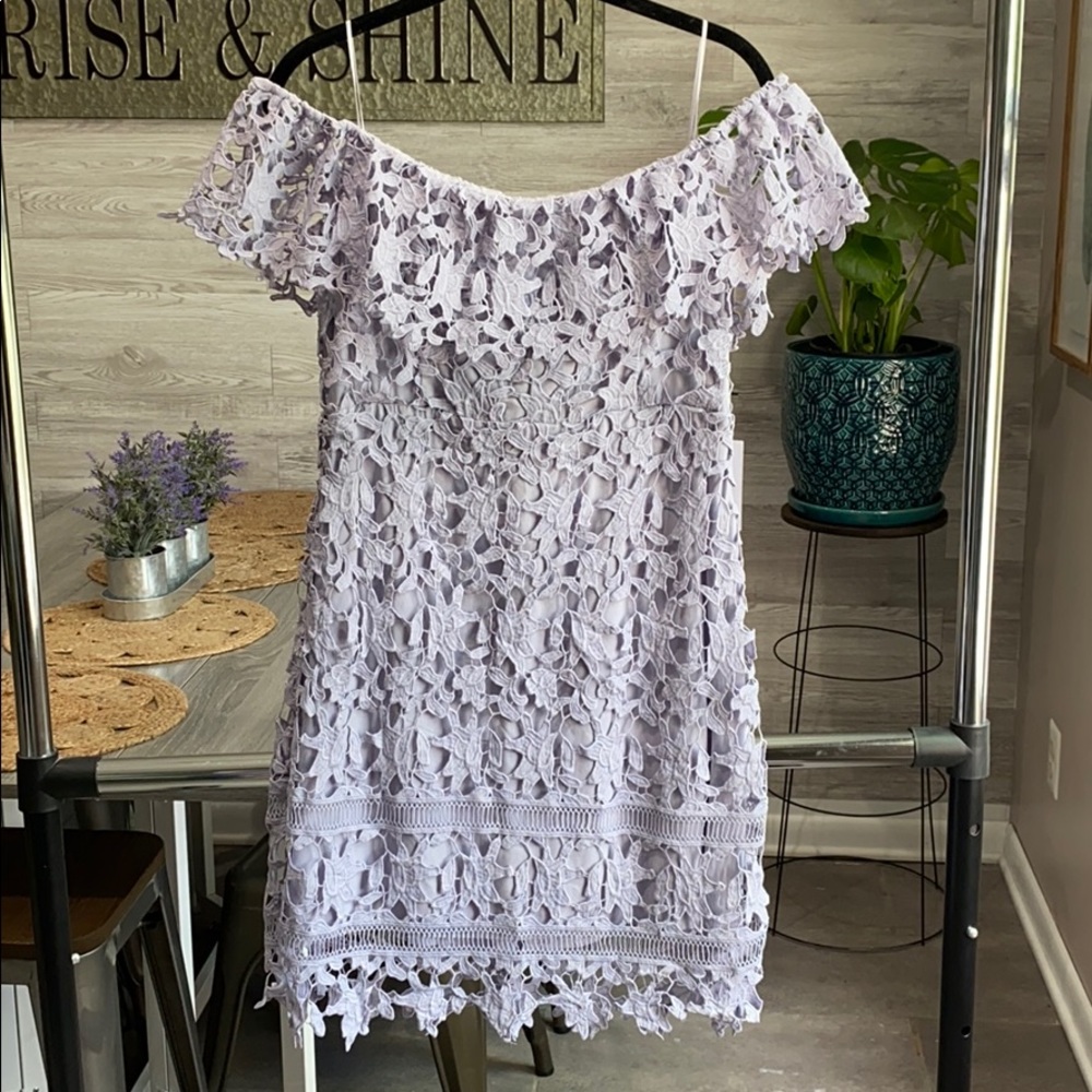 ASTR the label lilac off the shoulder lace dress